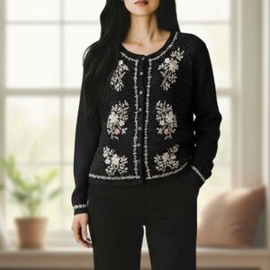 Vintage Embroidered Beaded Cardigan Sweater Black Cottagecore Womens Medium